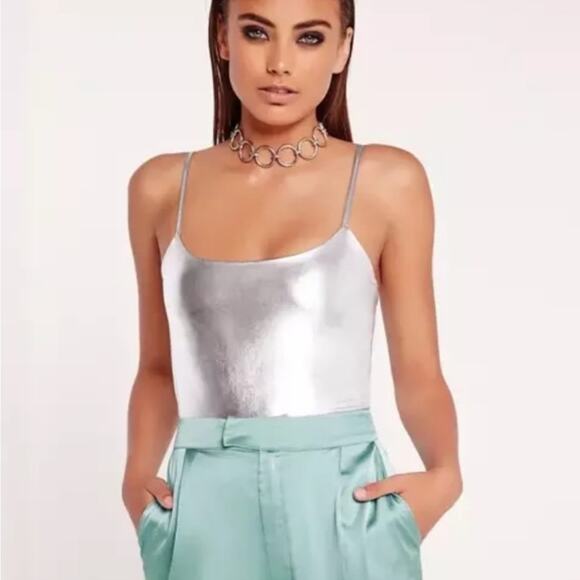 NWT Missguided Peace + Love Silver Metallic Strappy Bodysuit XS - Picture 1 of 7